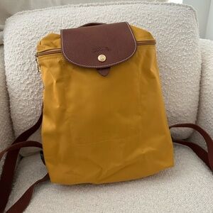 Longchamp Le Pliage Backpack Mustard Yellow / Brown Leather Trim